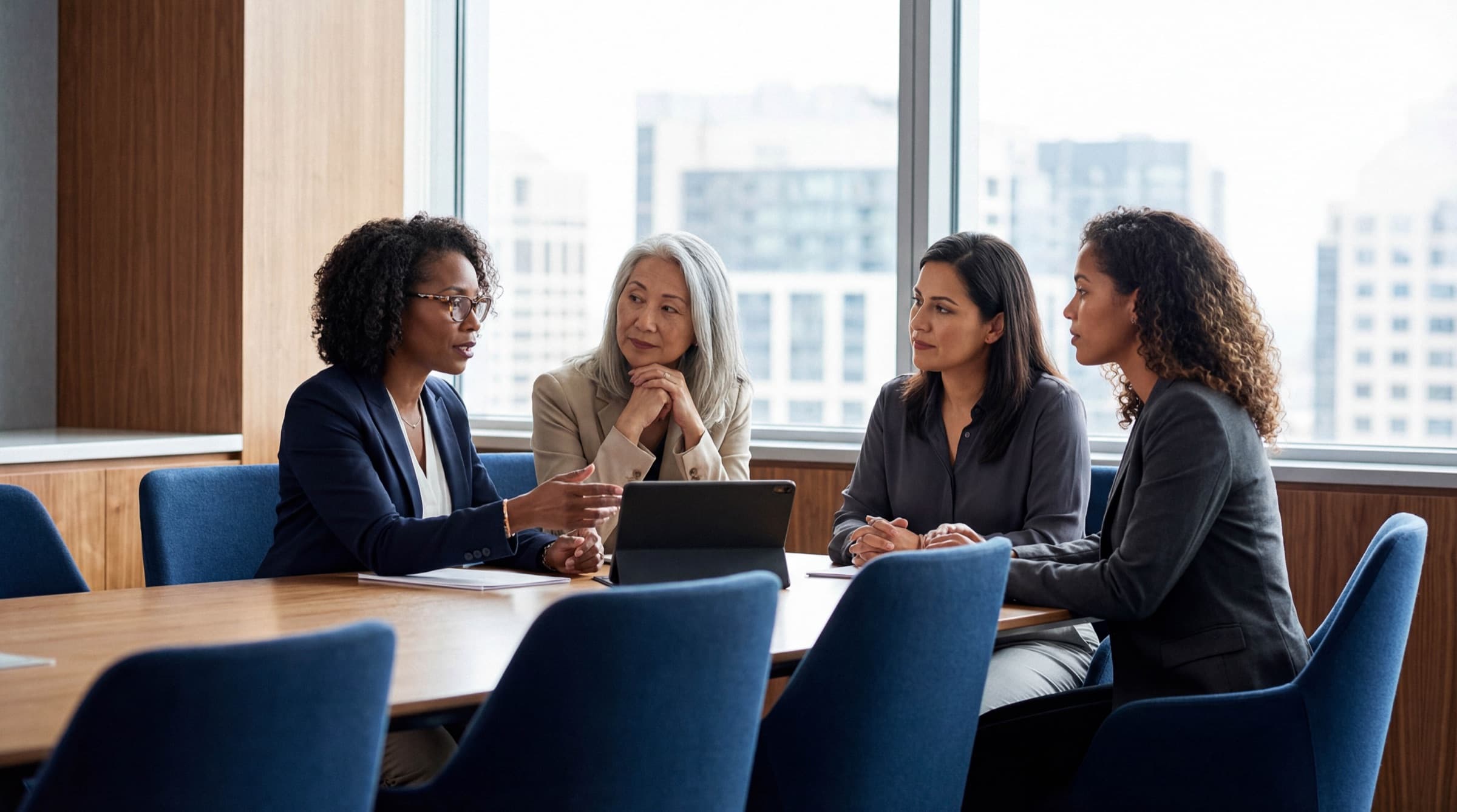 Four women executives in discussion around a boardroom table, one speaking while the others listen.